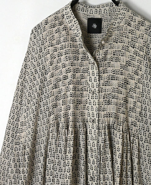 INMDS26727 80s VOILE LITTLE TREE BLOCK PRINT MINI PINTUCK BANDED COLLAR SHIRTS DRESS