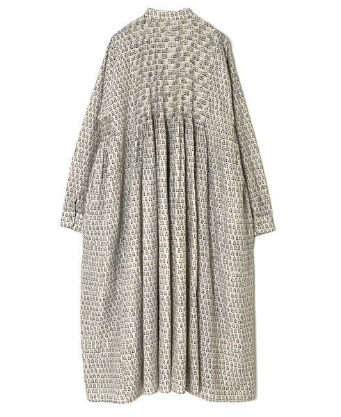 INMDS26727 80s VOILE LITTLE TREE BLOCK PRINT MINI PINTUCK BANDED COLLAR SHIRTS DRESS