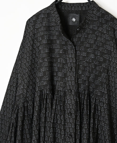 INMDS26727 80s VOILE LITTLE TREE BLOCK PRINT MINI PINTUCK BANDED COLLAR SHIRTS DRESS