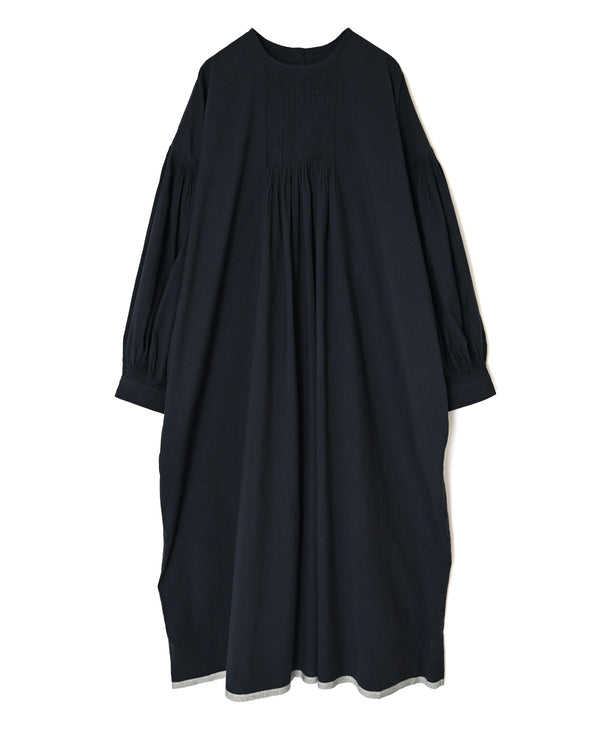 INMDS26733 HANDWOVEN HEAVY COTTON PLAIN WITH SELVAGE BACK OPENING CREW-NECK DRESS WITH MINI PINTUCK