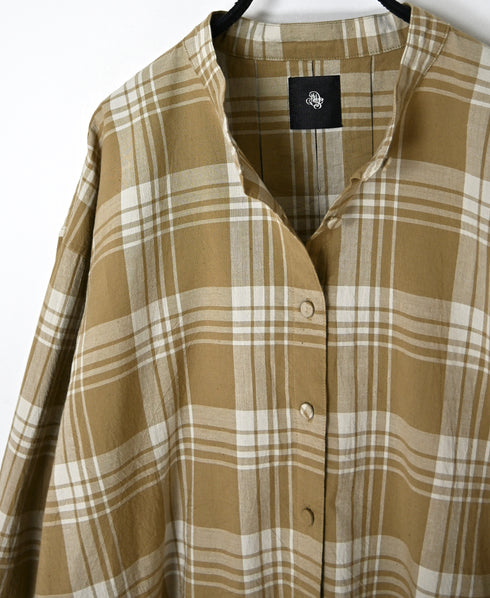 INMDS26741 HANDWOVEN HEAVY COTTON UNIQUE GINGHAM CHECK BANDED COLLAR SHIRTS WITH INVERTED PLEATS