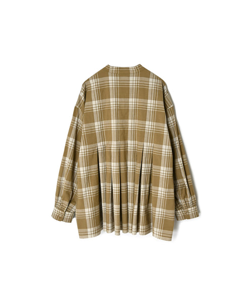 INMDS26741 HANDWOVEN HEAVY COTTON UNIQUE GINGHAM CHECK BANDED COLLAR SHIRTS WITH INVERTED PLEATS