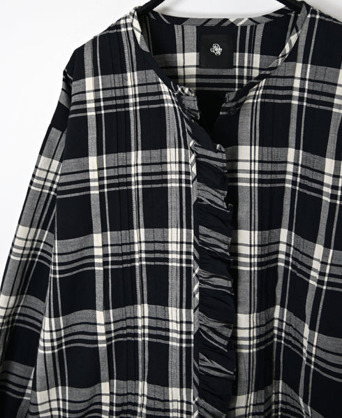 INMDS26742 HANDWOVEN HEAVY COTTON UNIQUE GINGHAM CHECK FRILL&PINTUCK SHIRTS WITH LACE