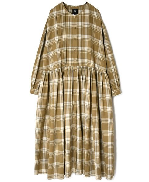 INMDS26744 HANDWOVEN HEAVY COTTON UNIQUE GINGHAM CHECK CREW NECK DRESS WITH PINTUCK