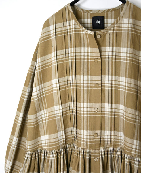 INMDS26744 HANDWOVEN HEAVY COTTON UNIQUE GINGHAM CHECK CREW NECK DRESS WITH PINTUCK