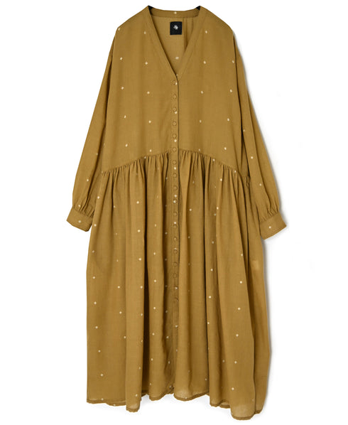 INMDS26763 BOILED WOOL SQUARE JACQUARD GATHERED V-NECK DRESS