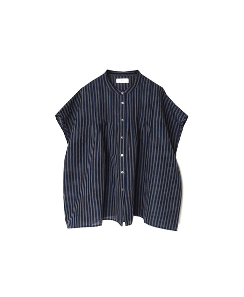 INSL26331 60s AUTO LOOM COTTON/LINEN STRIPE BANDED COLLAR FRENCH/SL PINTUCK SHIRTS