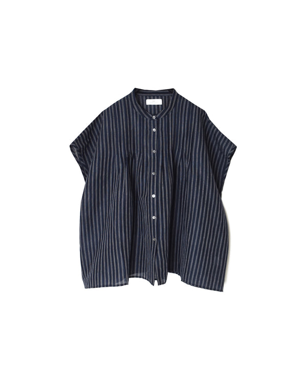 INSL26331 60s AUTO LOOM COTTON/LINEN STRIPE BANDED COLLAR FRENCH/SL PINTUCK SHIRTS
