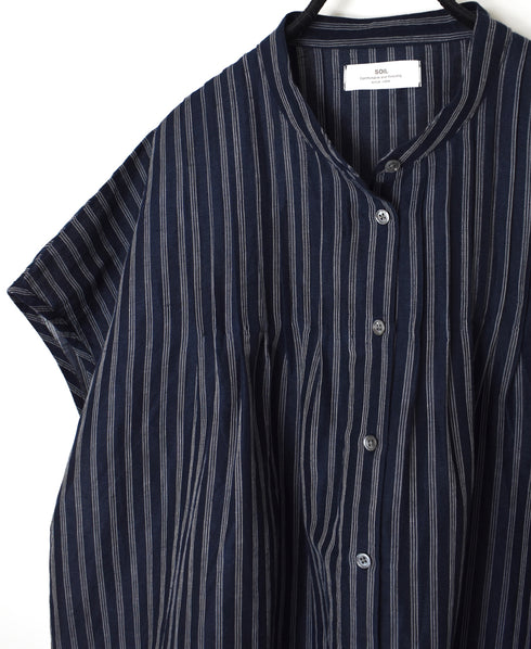 INSL26331 60s AUTO LOOM COTTON/LINEN STRIPE BANDED COLLAR FRENCH/SL PINTUCK SHIRTS