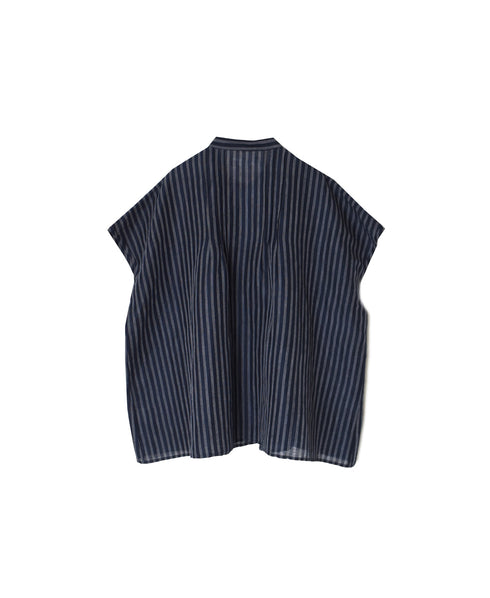 INSL26331 60s AUTO LOOM COTTON/LINEN STRIPE BANDED COLLAR FRENCH/SL PINTUCK SHIRTS