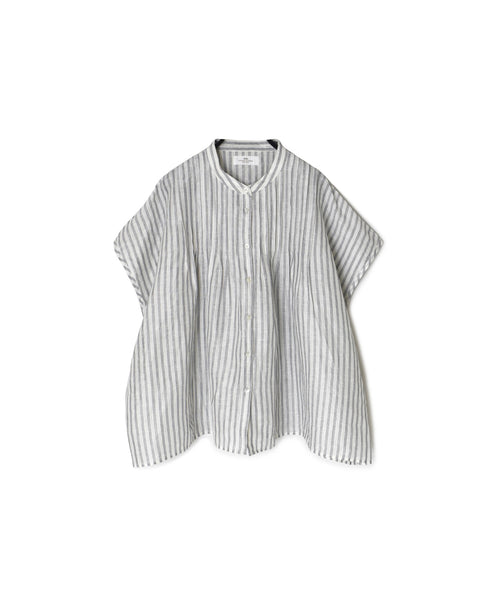 INSL26331 60s AUTO LOOM COTTON/LINEN STRIPE BANDED COLLAR FRENCH/SL PINTUCK SHIRTS