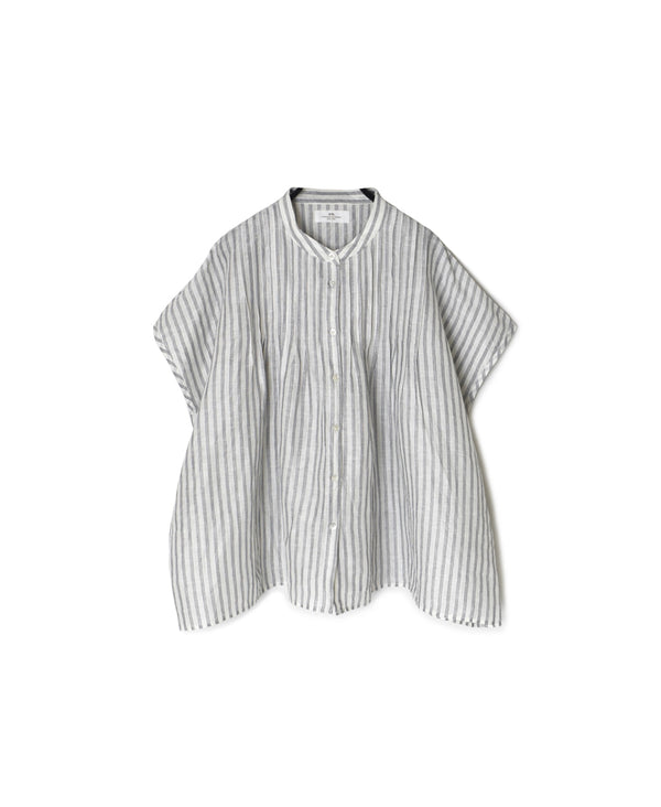 INSL26331 60s AUTO LOOM COTTON/LINEN STRIPE BANDED COLLAR FRENCH/SL PINTUCK SHIRTS