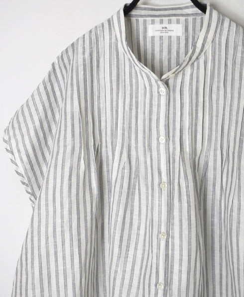 INSL26331 60s AUTO LOOM COTTON/LINEN STRIPE BANDED COLLAR FRENCH/SL PINTUCK SHIRTS