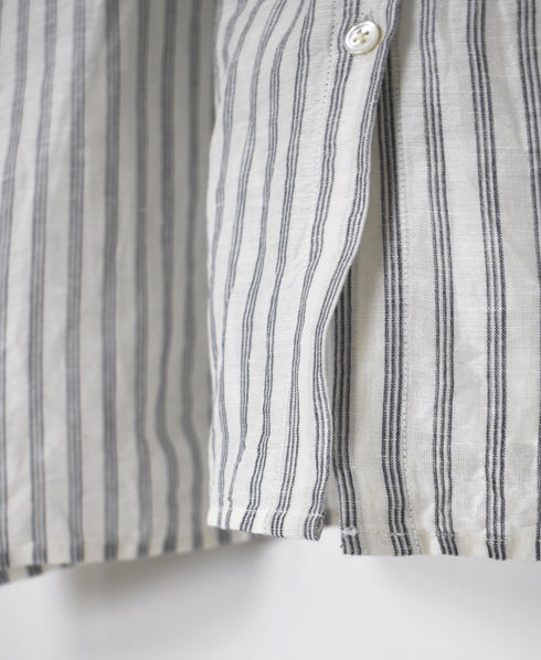 INSL26331 60s AUTO LOOM COTTON/LINEN STRIPE BANDED COLLAR FRENCH/SL PINTUCK SHIRTS