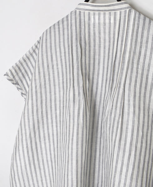 INSL26331 60s AUTO LOOM COTTON/LINEN STRIPE BANDED COLLAR FRENCH/SL PINTUCK SHIRTS
