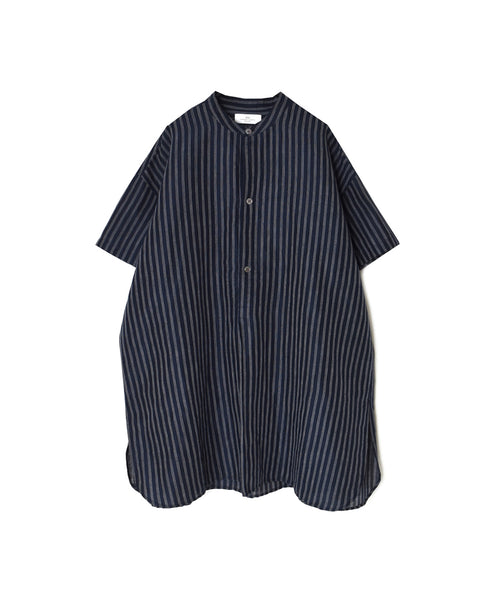 INSL26333 60s AUTO LOOM COTTON/LINEN STRIPE BANDED COLLAR S/SL TUNIC