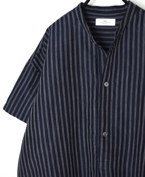 INSL26333 60s AUTO LOOM COTTON/LINEN STRIPE BANDED COLLAR S/SL TUNIC