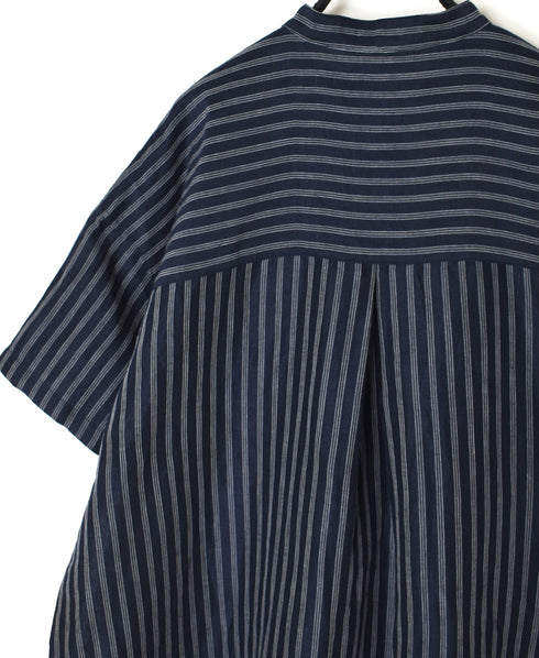 INSL26333 60s AUTO LOOM COTTON/LINEN STRIPE BANDED COLLAR S/SL TUNIC