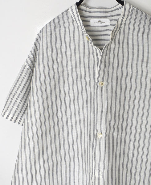 INSL26333 60s AUTO LOOM COTTON/LINEN STRIPE BANDED COLLAR S/SL TUNIC