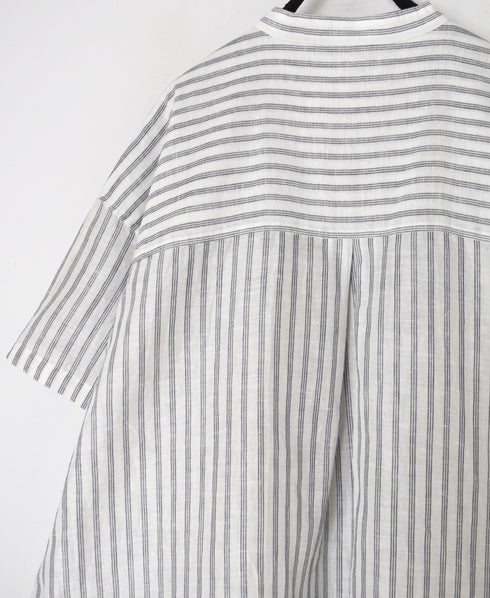 INSL26333 60s AUTO LOOM COTTON/LINEN STRIPE BANDED COLLAR S/SL TUNIC