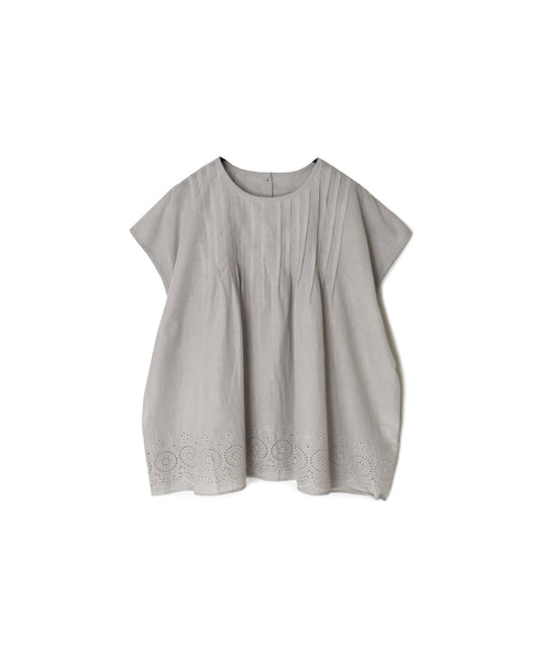 INSL26342 80s VOILE PLAIN WITH CUT WORK LACE CREW NECK FRENCH/SL SHIRTS WITH PINTUCK