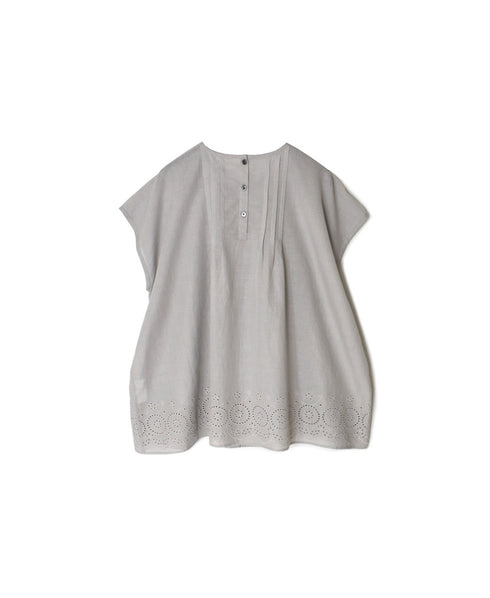 INSL26342 80s VOILE PLAIN WITH CUT WORK LACE CREW NECK FRENCH/SL SHIRTS WITH PINTUCK