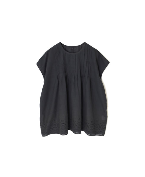 INSL26342 80s VOILE PLAIN WITH CUT WORK LACE CREW NECK FRENCH/SL SHIRTS WITH PINTUCK