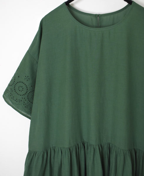 INSL26343 80s VOILE PLAIN WITH CUT WORK LACE CREW NECK PULLOVER DRESS