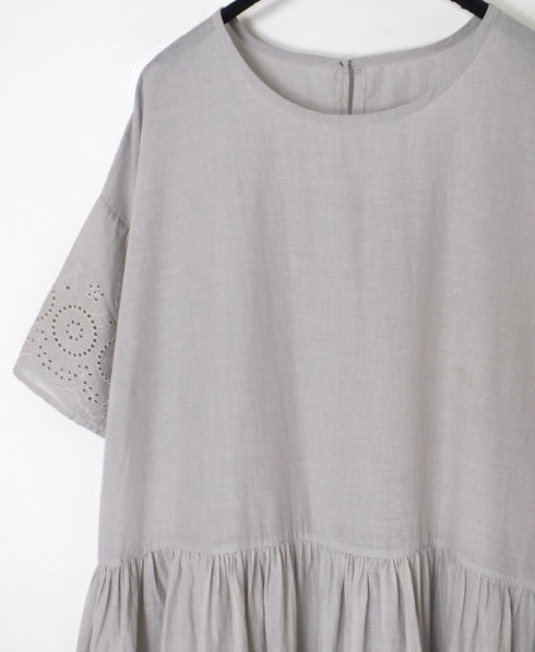 INSL26343 80s VOILE PLAIN WITH CUT WORK LACE CREW NECK PULLOVER DRESS