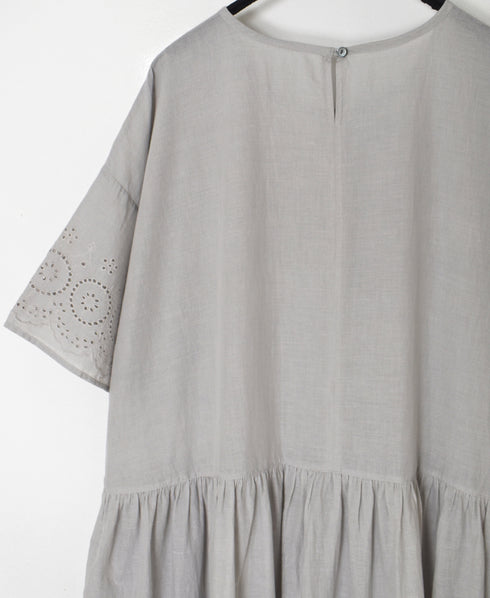 INSL26343 80s VOILE PLAIN WITH CUT WORK LACE CREW NECK PULLOVER DRESS