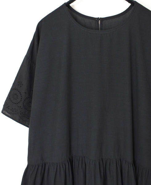 INSL26343 80s VOILE PLAIN WITH CUT WORK LACE CREW NECK PULLOVER DRESS