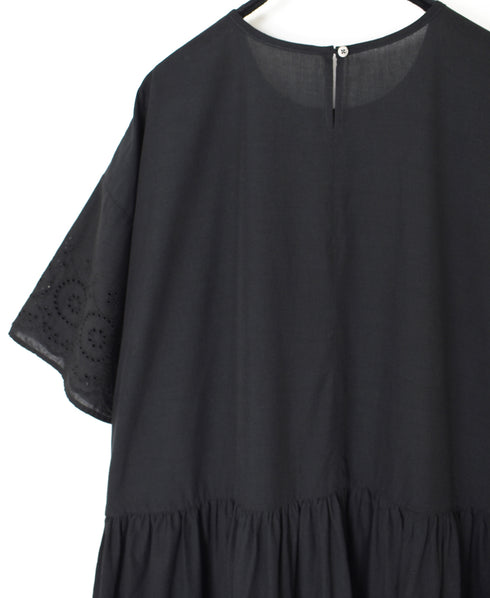 INSL26343 80s VOILE PLAIN WITH CUT WORK LACE CREW NECK PULLOVER DRESS