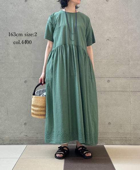 INSL26343 80s VOILE PLAIN WITH CUT WORK LACE CREW NECK PULLOVER DRESS