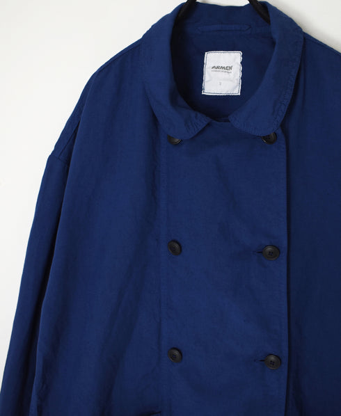ISNAM2602D LINEN/COTTON PLAIN OVERDYE ROUND COLLAR DOUBLE LONG JACKET