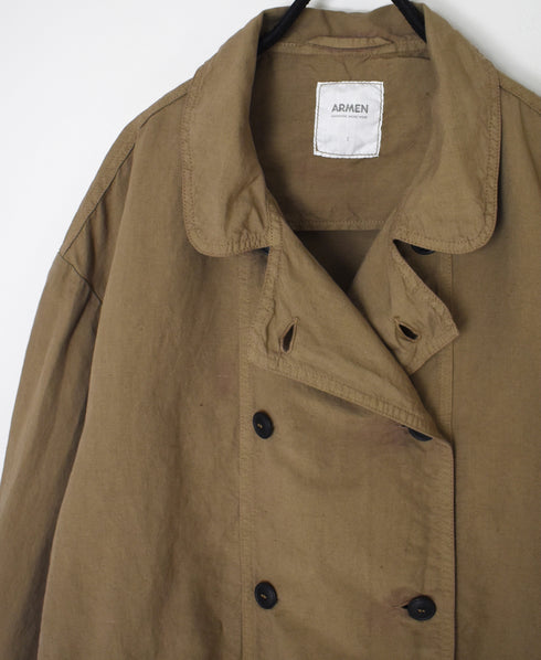 ISNAM2602D LINEN/COTTON PLAIN OVERDYE ROUND COLLAR DOUBLE LONG JACKET
