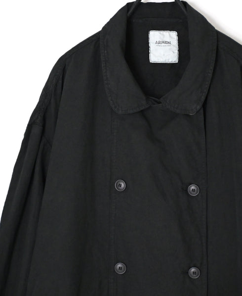 ISNAM2602D LINEN/COTTON PLAIN OVERDYE ROUND COLLAR DOUBLE LONG JACKET