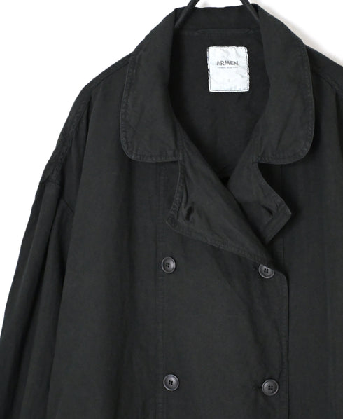 ISNAM2602D LINEN/COTTON PLAIN OVERDYE ROUND COLLAR DOUBLE LONG JACKET