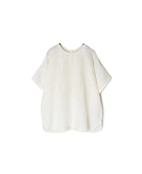 NMDS25242 80s POWER LOOM LINEN PLAIN BACK OPENING CREW-NECK S/SL EMB SHIRT