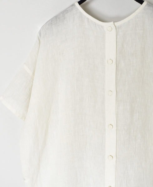NMDS25242 80s POWER LOOM LINEN PLAIN BACK OPENING CREW-NECK S/SL EMB SHIRT