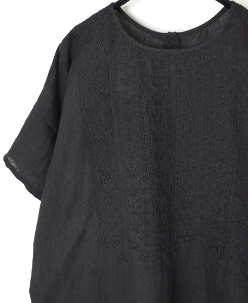 NMDS25242 80s POWER LOOM LINEN PLAIN BACK OPENING CREW-NECK S/SL EMB SHIRT