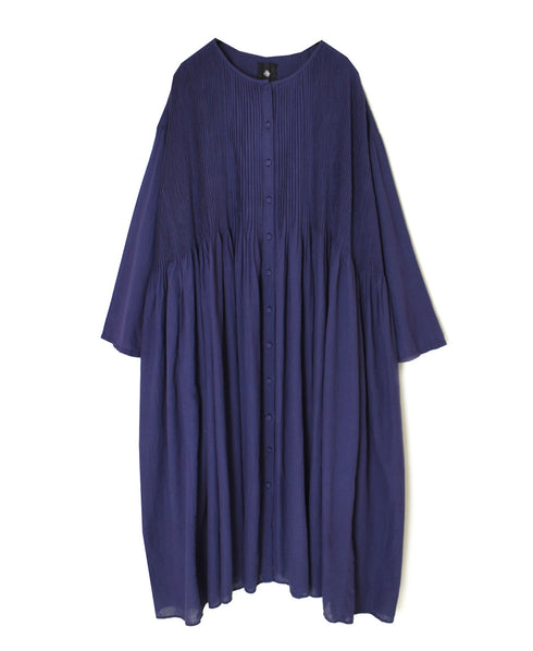 NMDS26234D 80s ORGANIC MICRO CHECK OVERDYE CREW-NECK BUTTON SHIRT MAXI DRESS WITH MINI PINTUCK