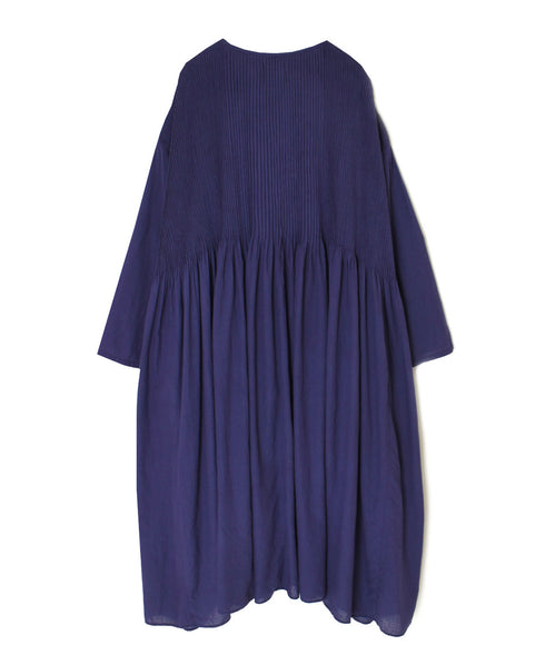 NMDS26234D 80s ORGANIC MICRO CHECK OVERDYE CREW-NECK BUTTON SHIRT MAXI DRESS WITH MINI PINTUCK