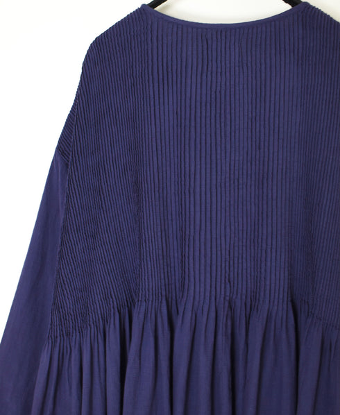 NMDS26234D 80s ORGANIC MICRO CHECK OVERDYE CREW-NECK BUTTON SHIRT MAXI DRESS WITH MINI PINTUCK