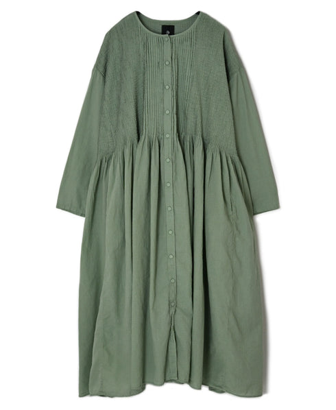 NMDS26234D 80s ORGANIC MICRO CHECK OVERDYE CREW-NECK BUTTON SHIRT MAXI DRESS WITH MINI PINTUCK