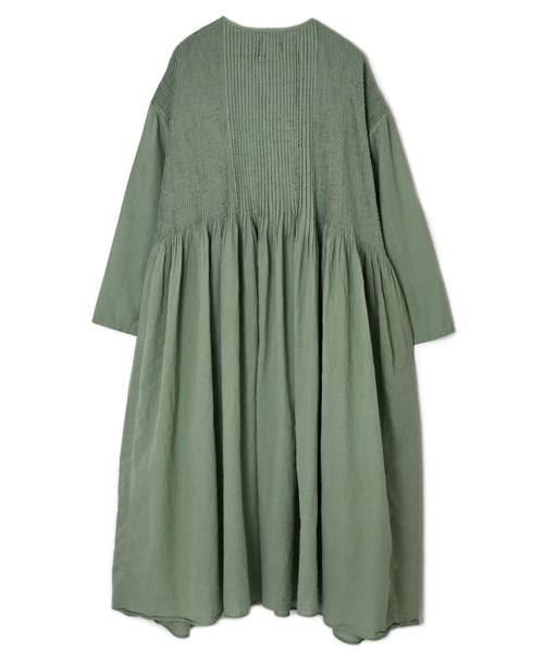NMDS26234D 80s ORGANIC MICRO CHECK OVERDYE CREW-NECK BUTTON SHIRT MAXI DRESS WITH MINI PINTUCK