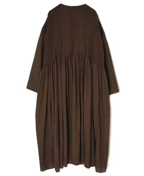 NMDS26234D 80s ORGANIC MICRO CHECK OVERDYE CREW-NECK BUTTON SHIRT MAXI DRESS WITH MINI PINTUCK
