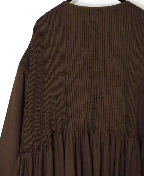 NMDS26234D 80s ORGANIC MICRO CHECK OVERDYE CREW-NECK BUTTON SHIRT MAXI DRESS WITH MINI PINTUCK