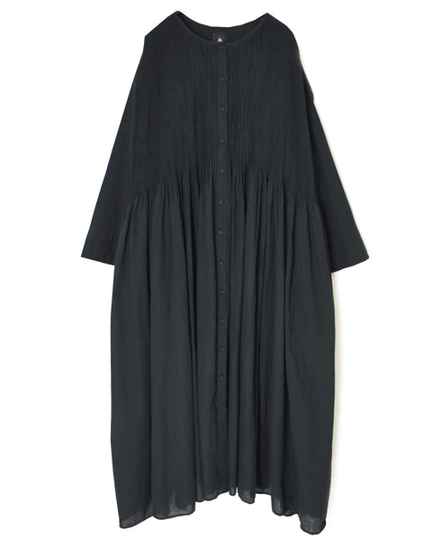 NMDS26234D 80s ORGANIC MICRO CHECK OVERDYE CREW-NECK BUTTON SHIRT MAXI DRESS WITH MINI PINTUCK