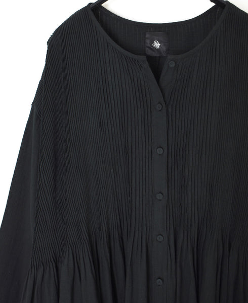 NMDS26234D 80s ORGANIC MICRO CHECK OVERDYE CREW-NECK BUTTON SHIRT MAXI DRESS WITH MINI PINTUCK