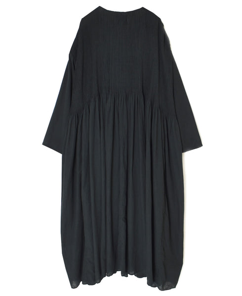 NMDS26234D 80s ORGANIC MICRO CHECK OVERDYE CREW-NECK BUTTON SHIRT MAXI DRESS WITH MINI PINTUCK